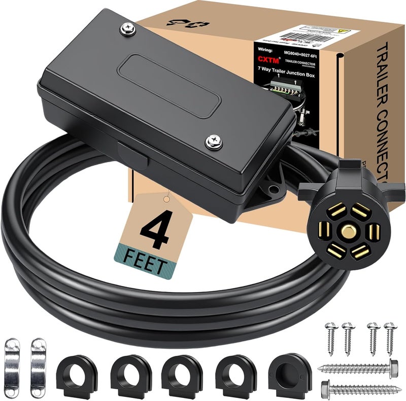 CXTM 7 Pin Trailer Wiring Harness Kit 4 Feet, 7 Gang Waterproof Junction Box with Heavy Duty 7 Way Trailer Cord Pigtail, Double Prongs Connector Inline Cable for RV Standard (4ft) - Image 1